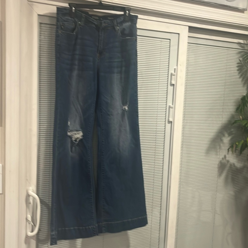 Lucky & Blessed Distressed Dark Blue Wide Leg Jeans